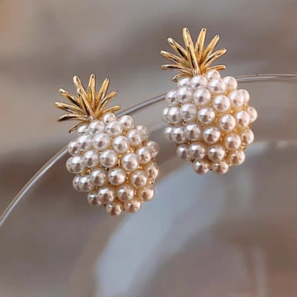 Delicate Pearl Pineapple Earrings Gold Tone Studs